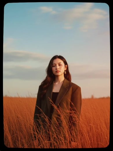 When I Was Your Man Prompt 📸 : Edit this photo whitout changing tge original face. Prompt 1 : A high-resolution, photorealistic portrait of a beautiful East Asian woman standing in the middle of a vast field of dried, tall reddish-brown grass. She is wearing a dark olive-green checkered oversized blazer over a black top. The lighting is warm