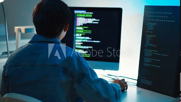 Software engineer analyzing programming code focus debugging development task screen monitor tech process logic system interface