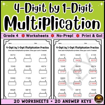 4-Digit by 1-Digit Multiplication Worksheets | 4th Grade | No Prep | Print & Go