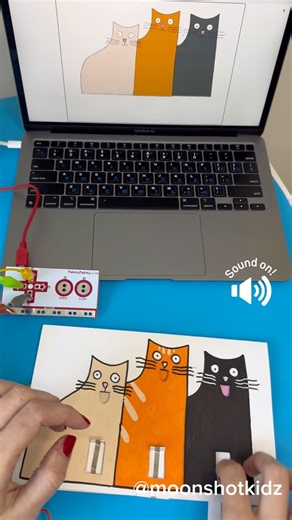DIY electronics, stem and science activities for beginners on Instagram: "Today I created a fun DIY ‘Cat Piano’ using the #MakeyMakey party pack! It has everything needed to bring interactive projects to life. I coded the matching piano in Scratch! You will need: - MakeyMakey - Conductive tape - Paper - Markers - Scratch Check out the link in the bio if you want to get a 10% discount! ©️ @Moonshotkidz – All rights reserved. Reproduction, distribution, or use of this artwork without permission is