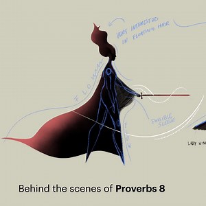 Animator Andrew Imamura describes the process he used in developing the character of Lady Wisdom. Early on we knew Proverbs 8 was going to be character heavy, with Lady Wisdom as a standout for a few reasons. This is one of the few times in the Bible a female character is so prominent and speaks to the reader. This told us a lot about the focus, hierarchy, and role she'd play. She needed to be ephemeral, powerful, and incredibly cosmic in an anatomical perspective. She represents wisdom and is t