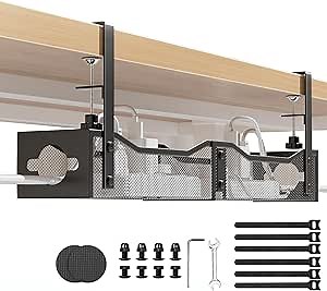 Under Desk Cable Management Tray, 25" Cable Management Under Desk No Drill, Desk Cord Organizers with Adjustable Clamps, Metal Cable Management Box and Desk Wire Management for Office Home, Black