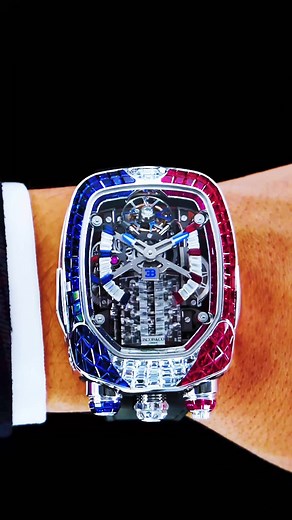 Blue sapphires, white diamonds and rubies. A total of 426 gems, each one being baguette-cut, adorn this Bugatti Chiron Tourbillon. Named Molsheim Edition after the village where Bugatti is historically based, this is a unique piece #jacobandco #watches #bugatti #luxury