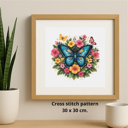 Butterfly Cross Stitch Pattern, Colorful Floral Wreath Design, Bright Embroidery Art, Vibrant Nature Decor PDF - Etsy