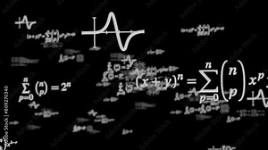 Maths animated overlay. Complicated calculations, hard to understand concept symbol. Black background messy formulas in high resolution for overlay. Maths effect, mathematics