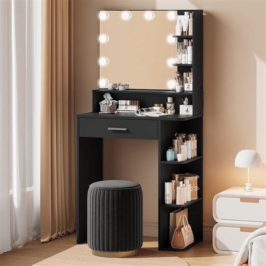 Vanity Desk with Mirror and Lights, Wanan 26.4" Makeup Vanity with Large Drawer, 6 Storage Levels, Small Black Vanity Desk with Large LED Mirror