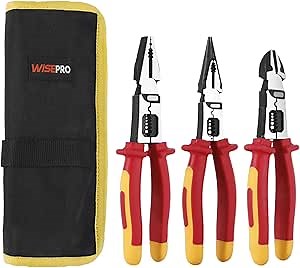 3 Pcs Insulated Pliers Set, Multifunctional Insulated Electrician Pliers with Pouch Including Linesmans/Needle Nose/Diagonal Cutters for Screwing, Crimping, Stripping, Shearing