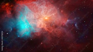 Flying through space background. Colorful red and blue nebula with starfield and sun. Digital painting, 3D rendering