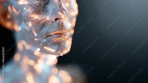 Ultra-high-resolution abstract digital human face presented as a mystical mask or futuristic identity, floating in a dark, minimal space. The face is partially formed from glowing 4k