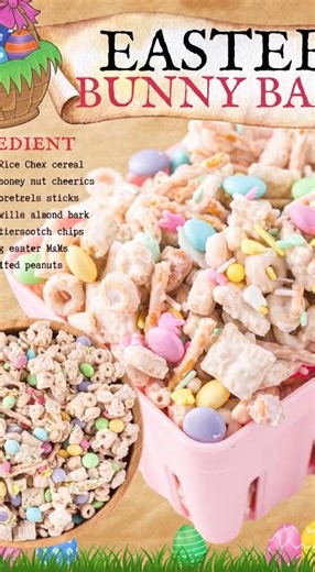 BUNNY BAIT! 3½ cups Rice Chex cereal 3½ cups honey nut cheerios 1½ cups pretzels sticks ½ cup salted peanuts 16 ounces vanilla almond bark 10 ounce bag easter M&Ms ½ cup butterscotch chips #familymeals #Thanksgiving #fblifestyle #holiday #EasyDinners #Christmas | Recipes by kamika