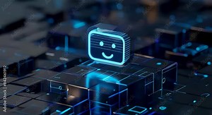 A digital illustration of an AI chatbot robot icon floating above the surface digital cubes