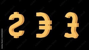 Money symbols dollar euro pound sterling. Icons set. Alpha channel. Looped animation. 3D object