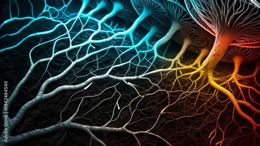 Mycelium network forms underground fungal web concept. Communication root system distributing nutrients for growing nutrients system.