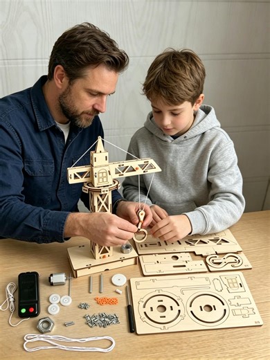 Wooden Tower Crane STEM Kit – Remote Controlled Building Toy for Kids