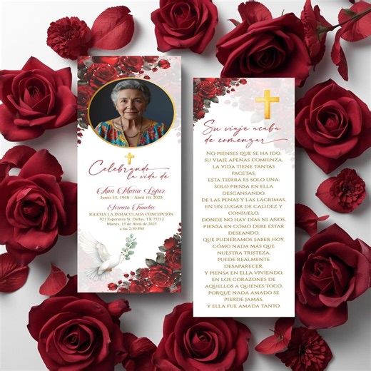 Red Spanish Funeral Bookmark Template, Memorial Service Spanish, Printable Memorial Keepsake, Editable Funeral Bookmark Canva Template SF3 - Etsy