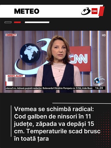 Administrația Națională de Meteorologie a emis, sâmbătă, mai multe avertizări de vreme rea pentru următoarele zile. Potrivit specialiștilor, de duminică va ninge în 11 județe ale țării, iar stratul de zăpadă va depăși 15 centimetri. De asemenea, scad temperaturile în toată România, iar mai multe zone intră sub avertizare cod galben de vânt puternic. #antena3cnn
