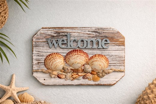 Coastal Welcome Sign With Seashells: Beautiful Rustic Beach Wall Decor for Entryway for Your Coastal Home - Etsy