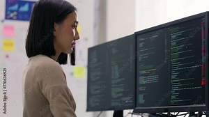 Concentrated Asian female developer debugging software on a multi-monitor setup, engaged in complex problem-solving.