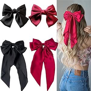 BOYIVI 4 Pieces Silky Satin Hair Bows, Soft Ribbon Clips Hair Barrettes for Women Girls (Large Bow: 15 x 7.87 inches, Small Bow: 5.12 x 7.87 inches, Wine Red, Black, 4 Count)