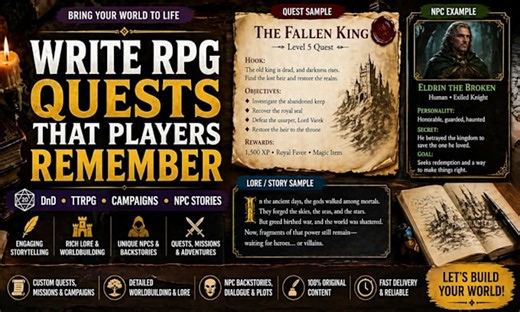 Emila_lea: I will write rpg ttrpg quests missions campaigns lore npc backstory and worldbuilding for $15 on fiverr.com