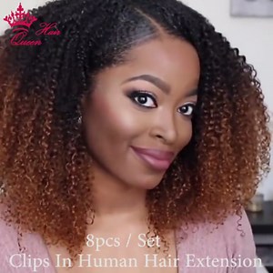 Ombre Color #1B/4/27 Clip in Human Hair Extensions For Black Women Afro Kinky Curly Clip in Full Head 8 Pieces And 120g/Set (14inch, Ombre Color #1B/4/27)