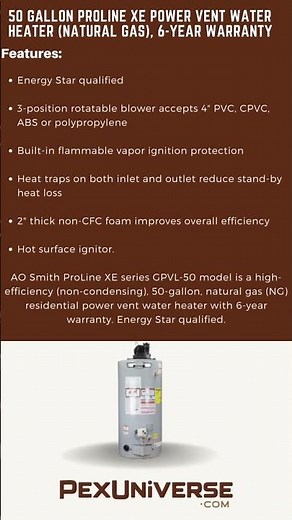 50 Gallon ProLine XE Power Vent Water Heater (Natural Gas), #aosmith #hvac #waterheater #naturalgas