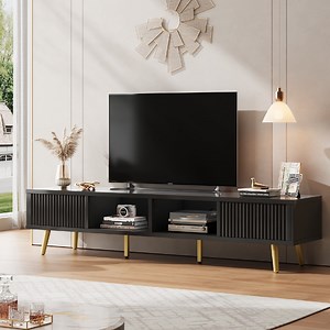 Bestier High Gloss TV Stand for 75 inch TVs, Modern Entertainment Center with Storage Cabinet, TV Console Table for Living Room,Black