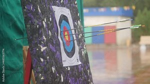 Close up of an arrow hitting a target in slow motion. Archery sport competition outside