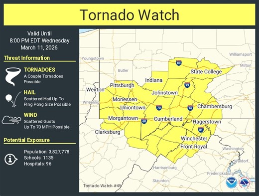 Tornado watch issued for several central Pa. counties