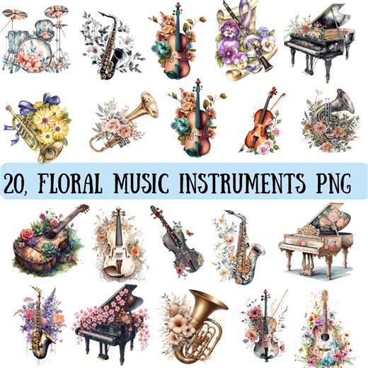 Floral Romantic Music Instruments PNG Bundle | Watercolor Musical Clipart | Violin, Guitar, Piano, Saxophone PNG | Music Lover Sublimation - Etsy