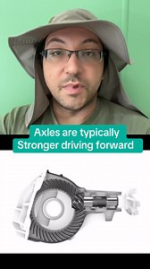 Most people don’t realize your axles gearset is stronger when moving forward. When going forward they typically drive on the drive side of the ring gear, not the coast side. The drive side is like the flat side of a concrete dam, the side holding the water, while the coast side is not touching the water and open to the air. That’s why modern vehicles typically use high pinion front axles and low pinion rear axles. Both drive forward on the strong side of the gear tooth when going forward, giving