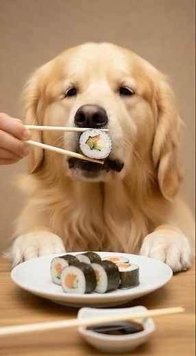 The golden retriever eating sushi yummy🤤. #dog #eating #viral #fypシ #sushi #shorts #dogshorts