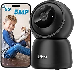 ieGeek 5MP Plug-in Indoor Camera, 5G/2.4G WiFi Cameras for Home Security, 360 Pan/Tilt Pet Cam for Dog/Baby Monitor w/Noise & Motion Detection, Auto Tracking, 2 Way Audio, One-Click Connection(Black)