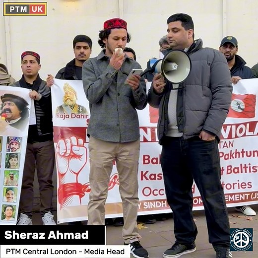 On the International Human Rights Day, the Pashtun Tahafuz Movement United Kingdom (PTM UK) joined the protest organized by the Jeye Sindh Freedom Movement in front of the UK Prime Minister's office in London. The PTM UK chapter was represented by Sheraz Ahmad, Media Head for the Pashtun Tahafuz Movement Central London, demonstrating solidarity in the call for human rights and justice. #HumanRightsDay | PTM United Kingdom
