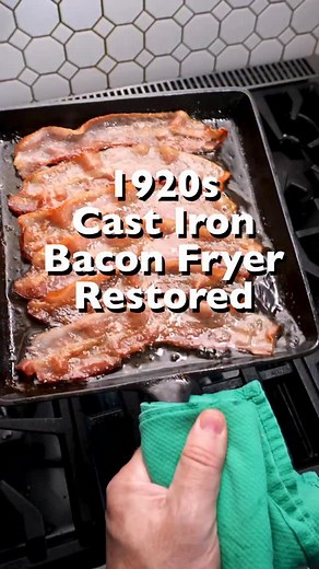 The 1920s Wagner Ware Bacon Fryer — someone got it right 100 years ago creating a pan dedicated to making bacon. One of the things I love most about early cast-iron cookware is how many of these pans were marketed for cooking something specific. Although I can think of a few other fun things to cook-up in this square skillet, of course I had to start with bacon. #castiron #vintage #wagnerware #bacon #restoration | Cast That Iron