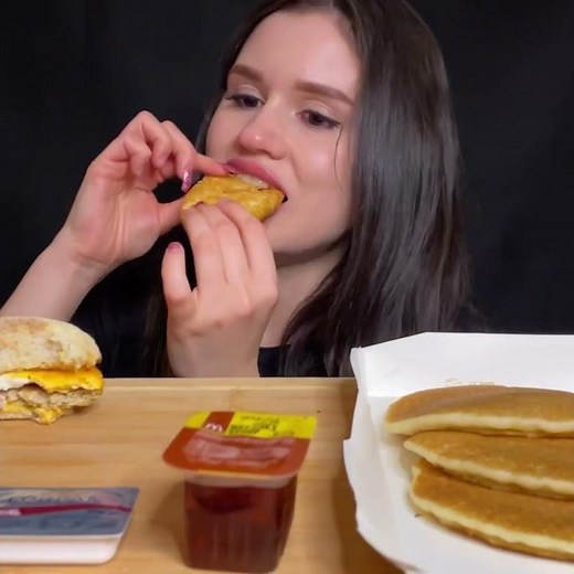 ASMR EATING MCDONALD’S BREAKFAST MUKBANG | SANDWICH + PANCAKES #shorts