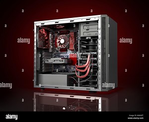 open PC case with internal parts motherboard cooler video card power supply HDD drives 3d render on darck red Stock Photo - Alamy