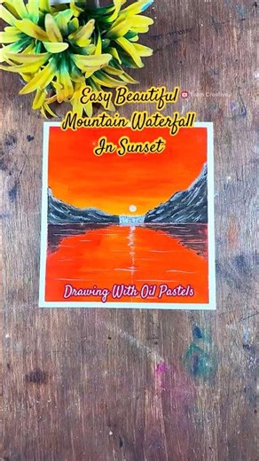 #easy #beautiful Mountain Waterfall In Sunset Drawing With Oil Pastels 💕🏔️✍️ #art #drawing #shorts