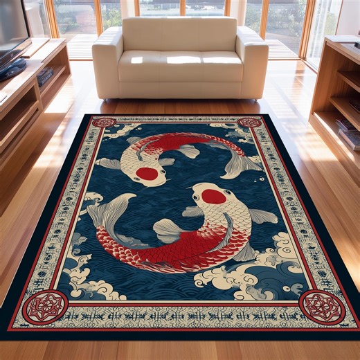 Koi Fish Rug: Red White Carp Pattern, Blue Wave Japanese Art, Yin Yang Decor - Etsy