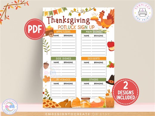 Thanksgiving Potluck Sign up Sheet Printable, Friendsgiving Dinner Party Food Form, Fall Potluck Signup for Office, Church, Work (PDF) - Etsy