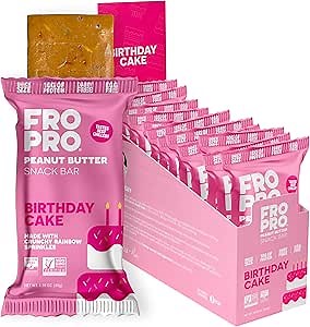 FROPRO Plant Protein Snack Bars - Plant Based Protein Bars, All-Natural, Gluten, Dairy, & Soy Free, High Protein Bars with Low Calories | Birthday Cake, 12 Pack