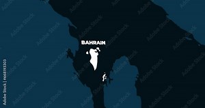 World Map Zoom In To Bahrain. Animation in 4K Video. White Bahrain Territory On Dark Blue World Map