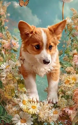 Digital painting of a fluffy, Brown and white puppy# feeling of joy#innocense#cute