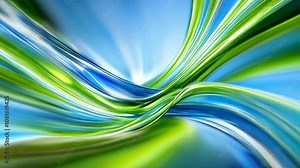 Dynamic abstract artwork featuring fluid, wave-like green and blue light streaks on a bright background, symbolizing energy and movement.