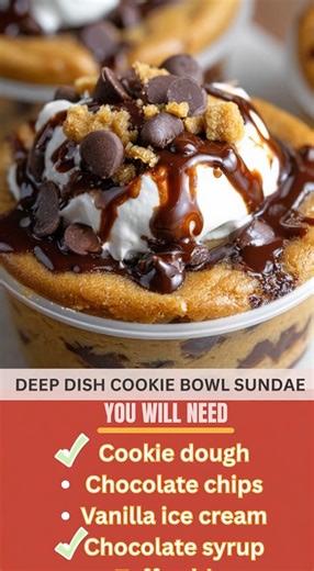 🍪🍨 Deep Dish Cookie Bowl Sundae 🍪 Cookie Bowl Ingredients Cookie dough (homemade or store-bought) Chocolate chips (if not already in dough) Optional add-ins: Chopped nuts Peanut butter chips M&M’s Instructions 1️⃣ Prep the Bowl Shape Option 1 — Ovenproof Bowl Method Preheat oven to 350°F / 175°C. Grease the outside of an ovenproof bowl. Press cookie dough evenly around the outside (½–¾ inch thick). Option 2 — Muffin Pan Method Press dough into jumbo muffin tins to form mini bowls. 2️⃣ Bake Ba