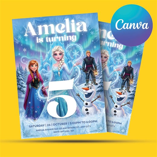 Frozen Birthday Card Editable Canva Template, Elsa Anna Party Invitation (digital Download) - Etsy