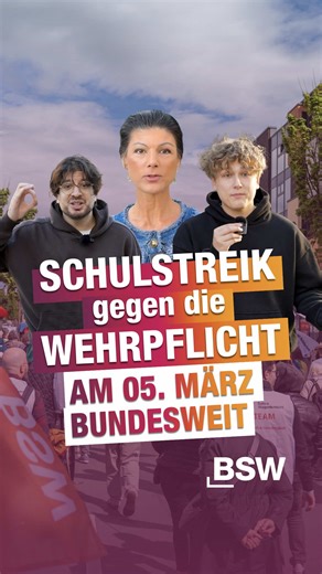 🚫 Schulstreik gegen Wehrpflicht! Mach mit am 05. März, wenn Schüler bundesweit auf die Straße gehen. Ab 2026 sollen verpflichtende Fragebögen kommen, ab 2027 die Musterung - und wenn sich nicht genug „Freiwillige“ finden, entscheidet das Los. Am Ende droht die Pflicht für alle. Wir als Jugend sollen auf „Kriegstüchtigkeit“ vorbereitet werden. Dabei haben wir ganz andere Sorgen: marode Schulen, Prüfungsdruck, fehlende Ausbildungsplätze, steigende Mieten, unsichere Jobs. Milliarden fließen in Waf