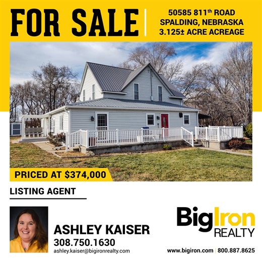 💥JUST LISTED! 💥 Selling with BigIron Realty is a 3.125± acre acreage located at 50585 811th Road, Spalding, Greeley County, Nebraska. 🏠2,384 square foot House 🛏️4 Bedroom 🛁4 Bath 🖨️In Home office Space This 4 bedroom, 4 bath country acreage offers a spacious 2,384 sq. ft. home with an open kitchen, large dining room, master suite with walk-in shower and jacuzzi tub, plus an office with its own entrance. Upstairs includes 3 bedrooms and a bath, and the basement features a big rec room, nonc
