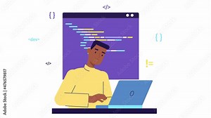 programmer developer working on code, coding, testing, debugging, analysing. Web development young man works with programming languages. freelance IT worker 4k looped animated character. Stock footage