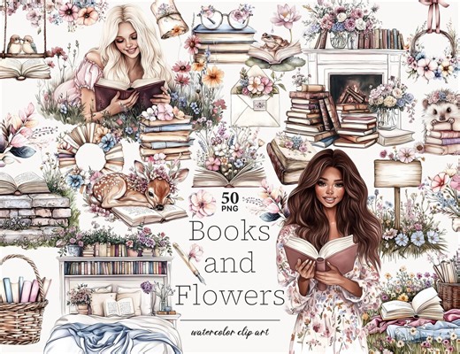 Book Lover Clipart Books Flowers Illustrations With Reading Animals for Spring Summer - Etsy
